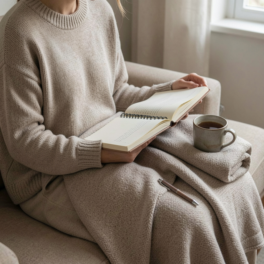 Person in quiet morning contemplation with journal and tea